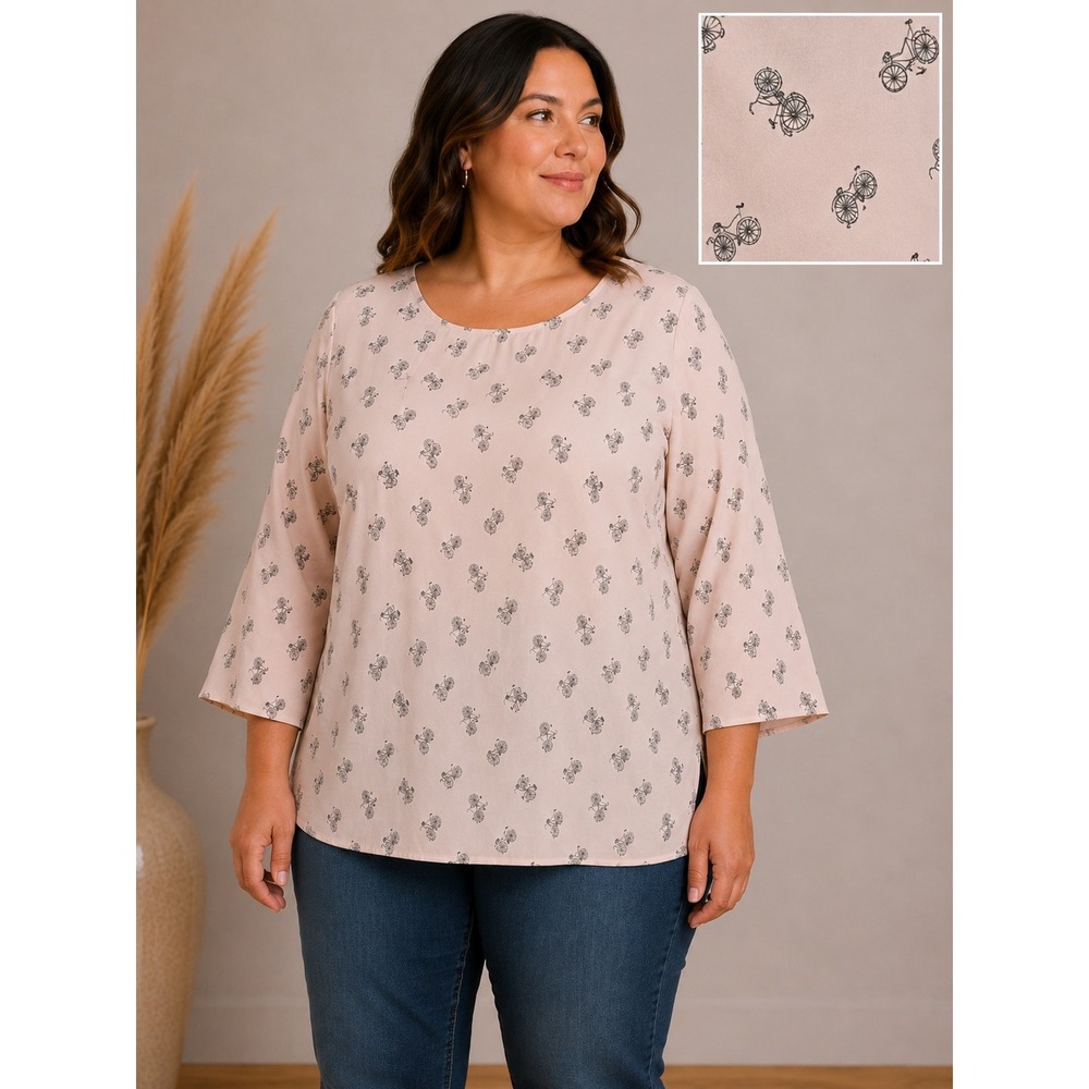 Paraphrase Blouse Women 1X Pink Bicycle‎ Print 3/4 Sleeve Scoop Neck Top
